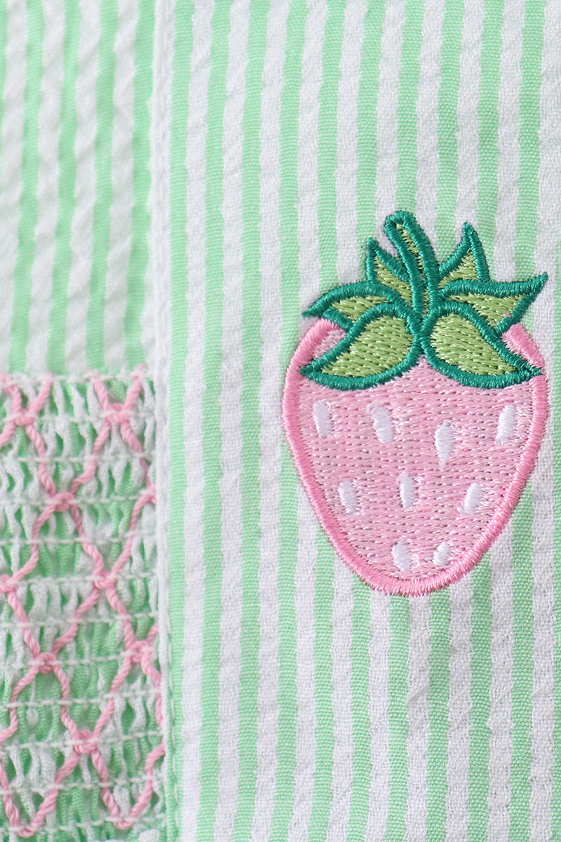 Green strawberry smocked ruffle bubble