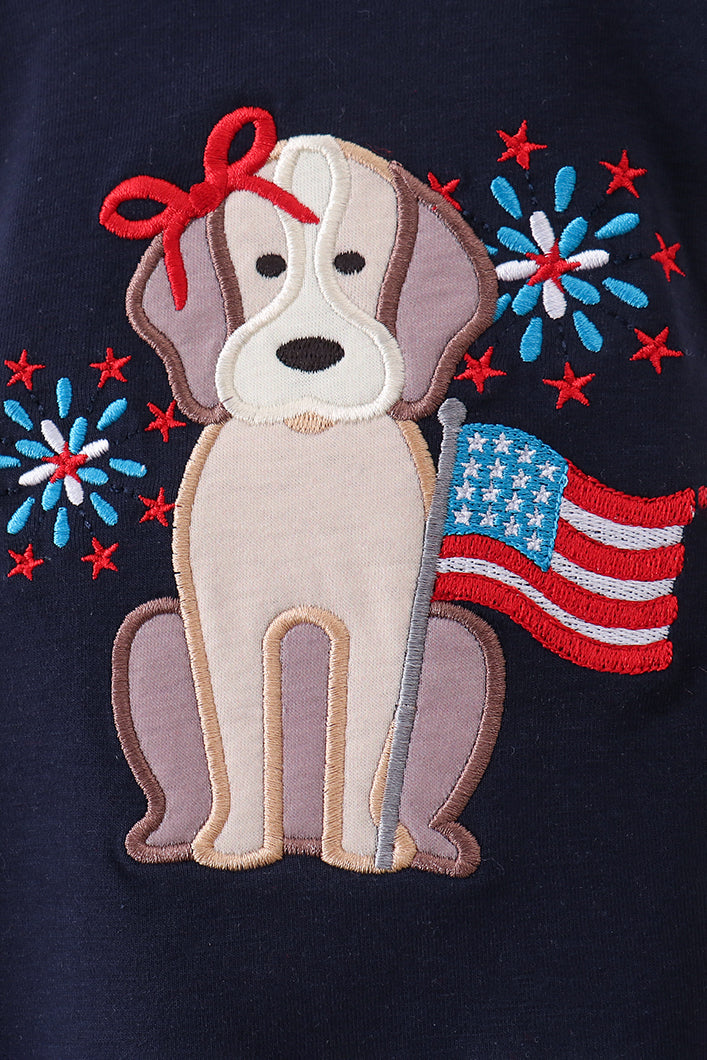 Navy puppy fireworks applique ruffle dress