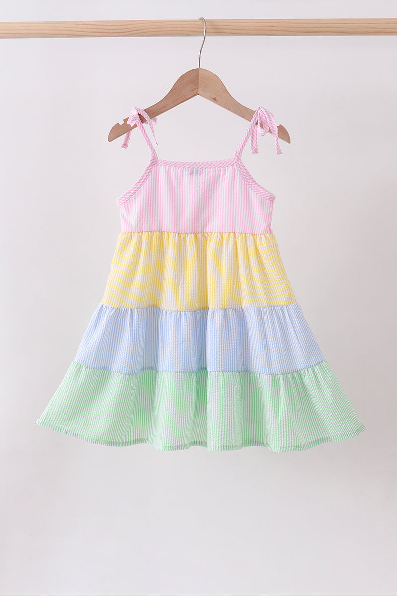 Blue stripe seersucker tiered dress