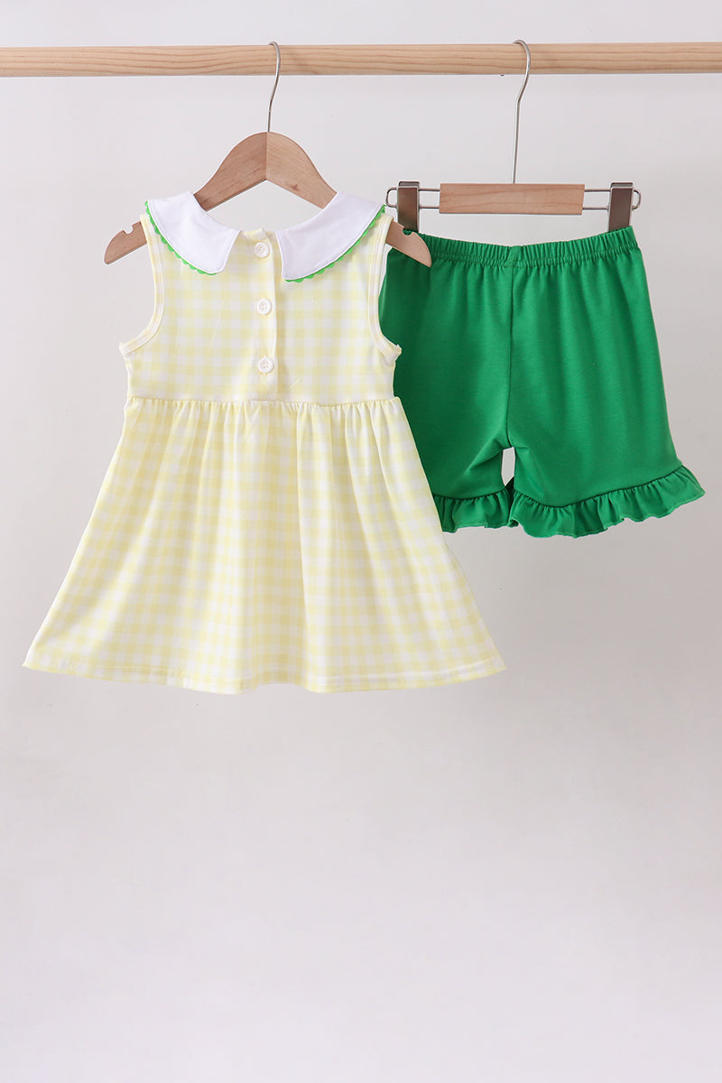Yellow golf smocked gingham ruffle shorts set