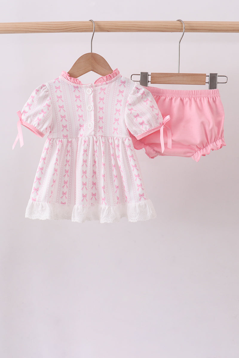 Pink bow smocked ruffle bloomer set