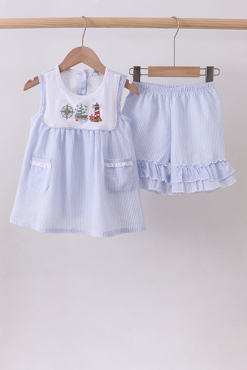 Blue sailboat embroidery ruffle shrots set