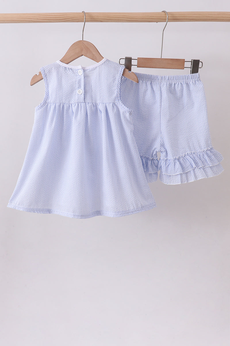 Blue sailboat embroidery ruffle shrots set