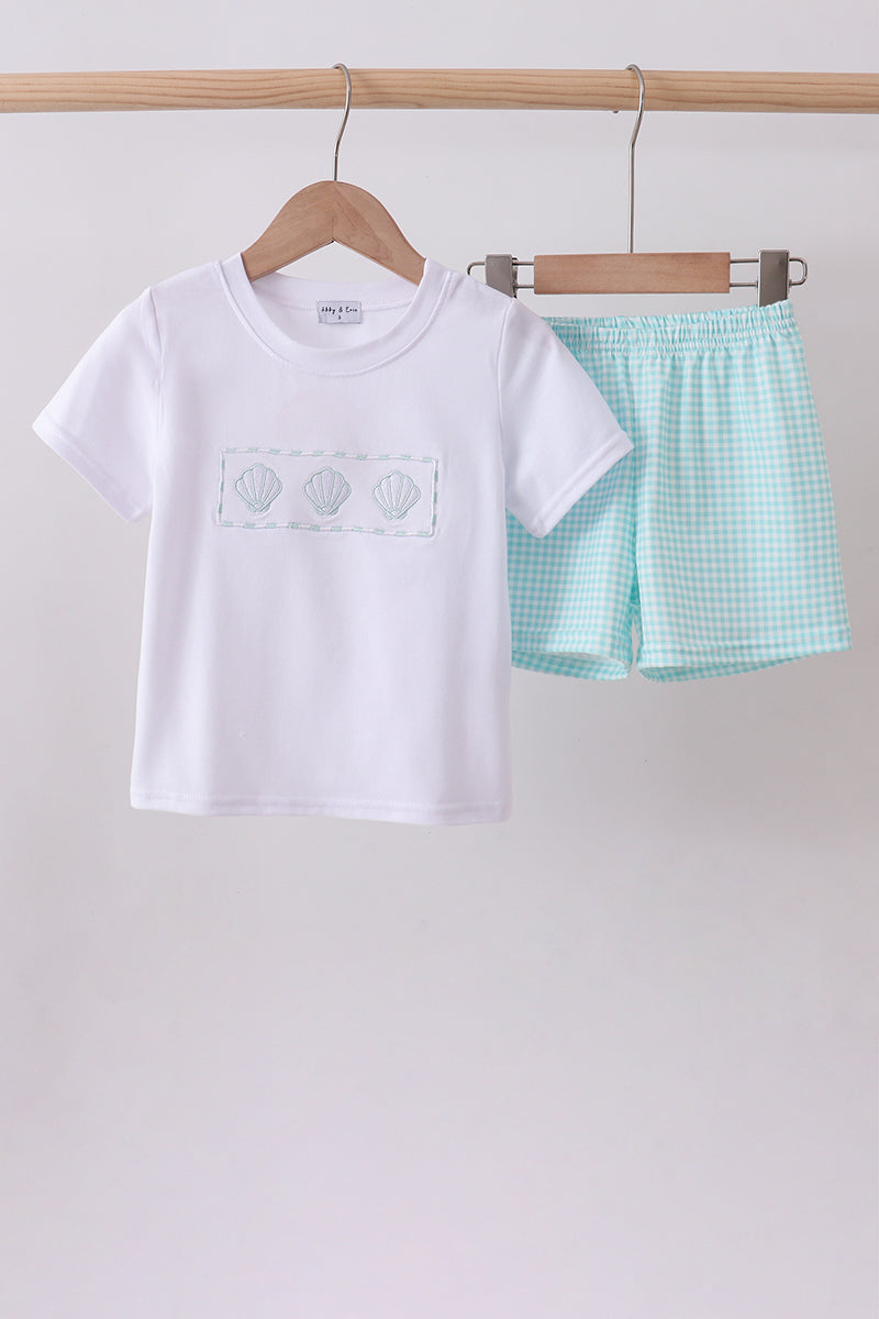Blue seashell embroidery shorts set