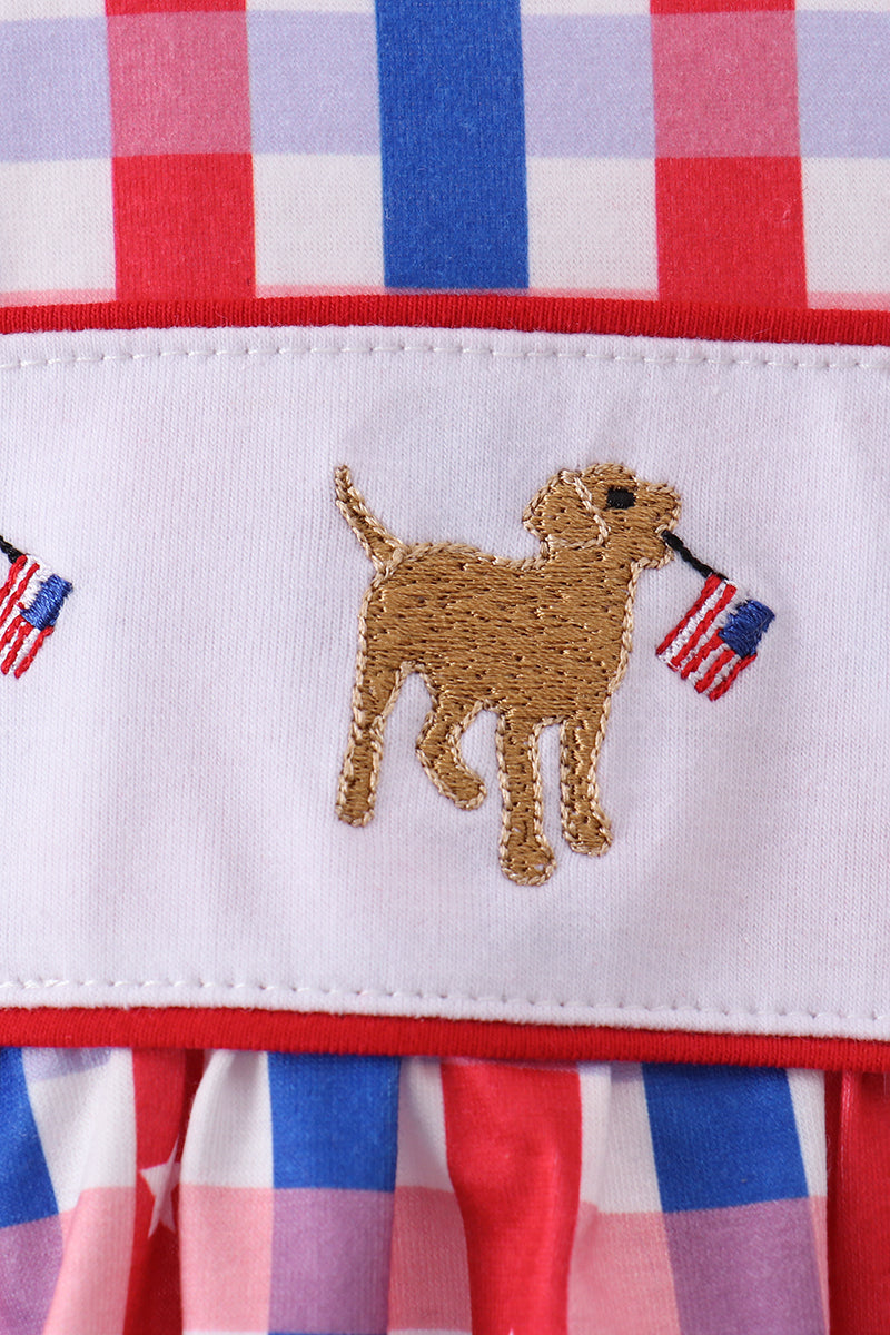 Red puppy embroidery ruffle plaid bubble