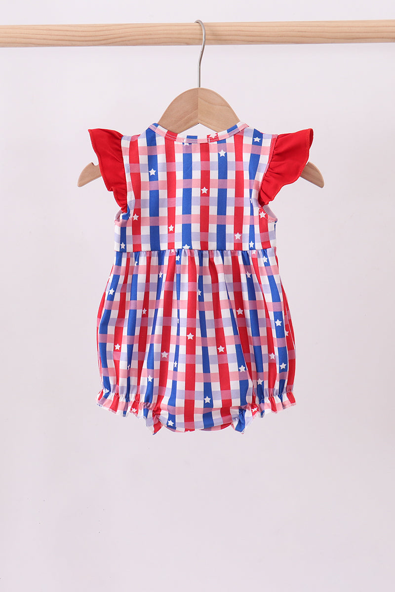 Red puppy embroidery ruffle plaid bubble