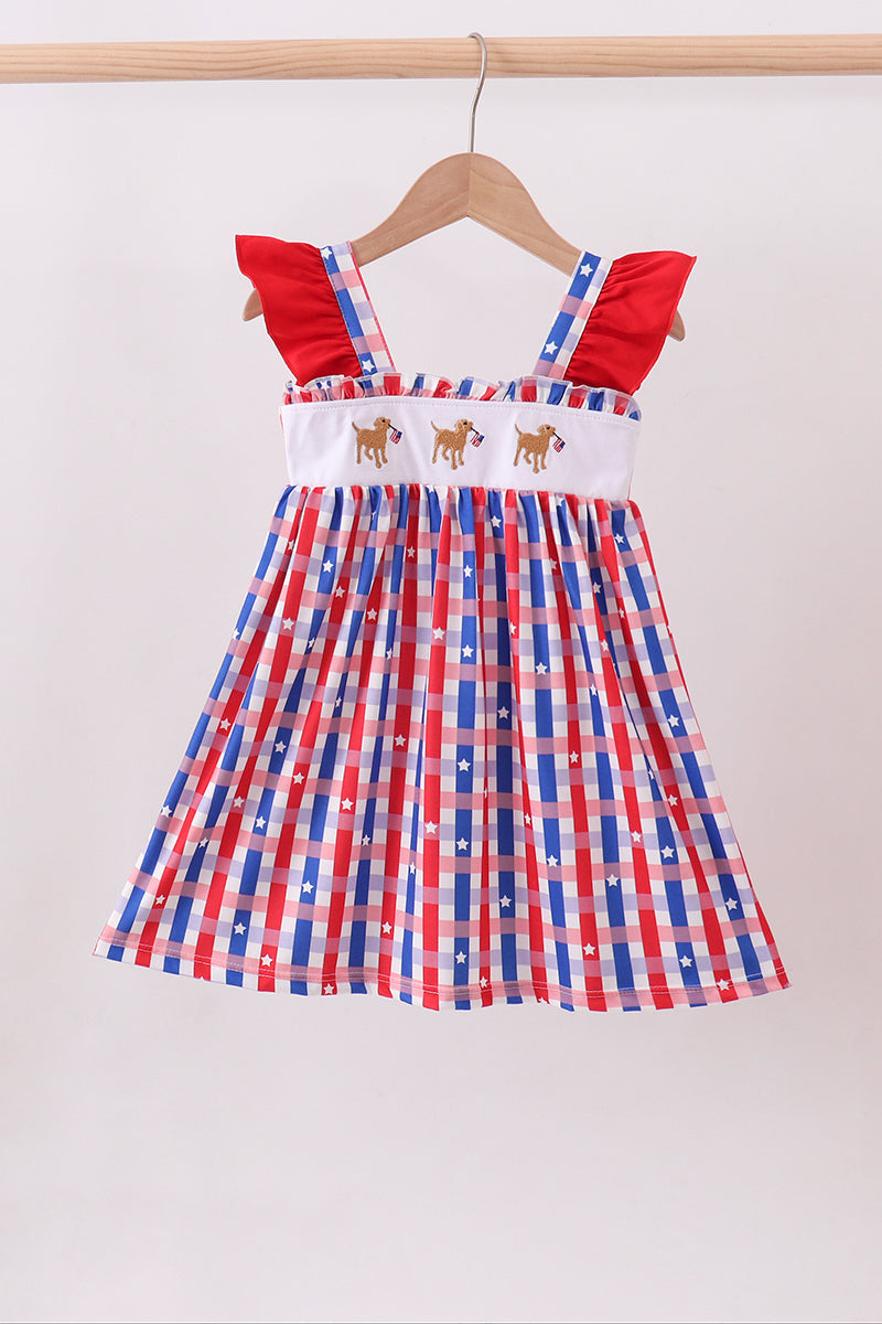 Red puppy embroidery plaid ruffle dress
