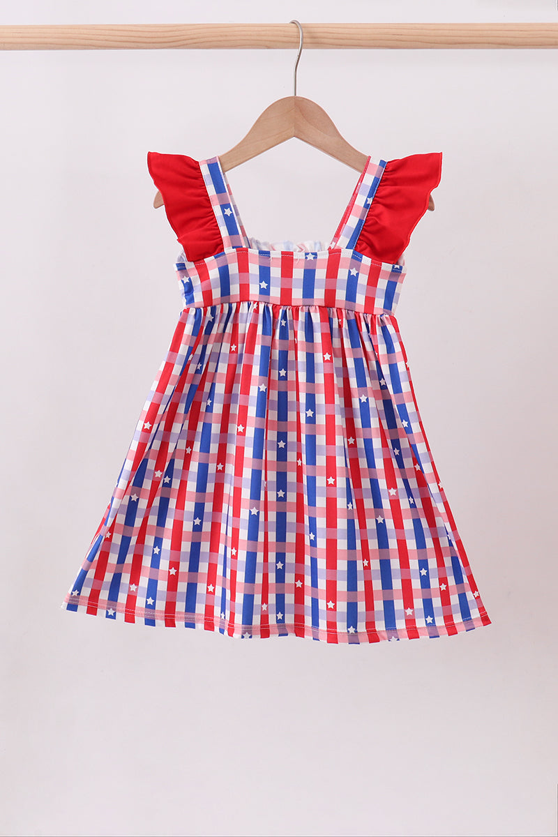 Red puppy embroidery plaid ruffle dress