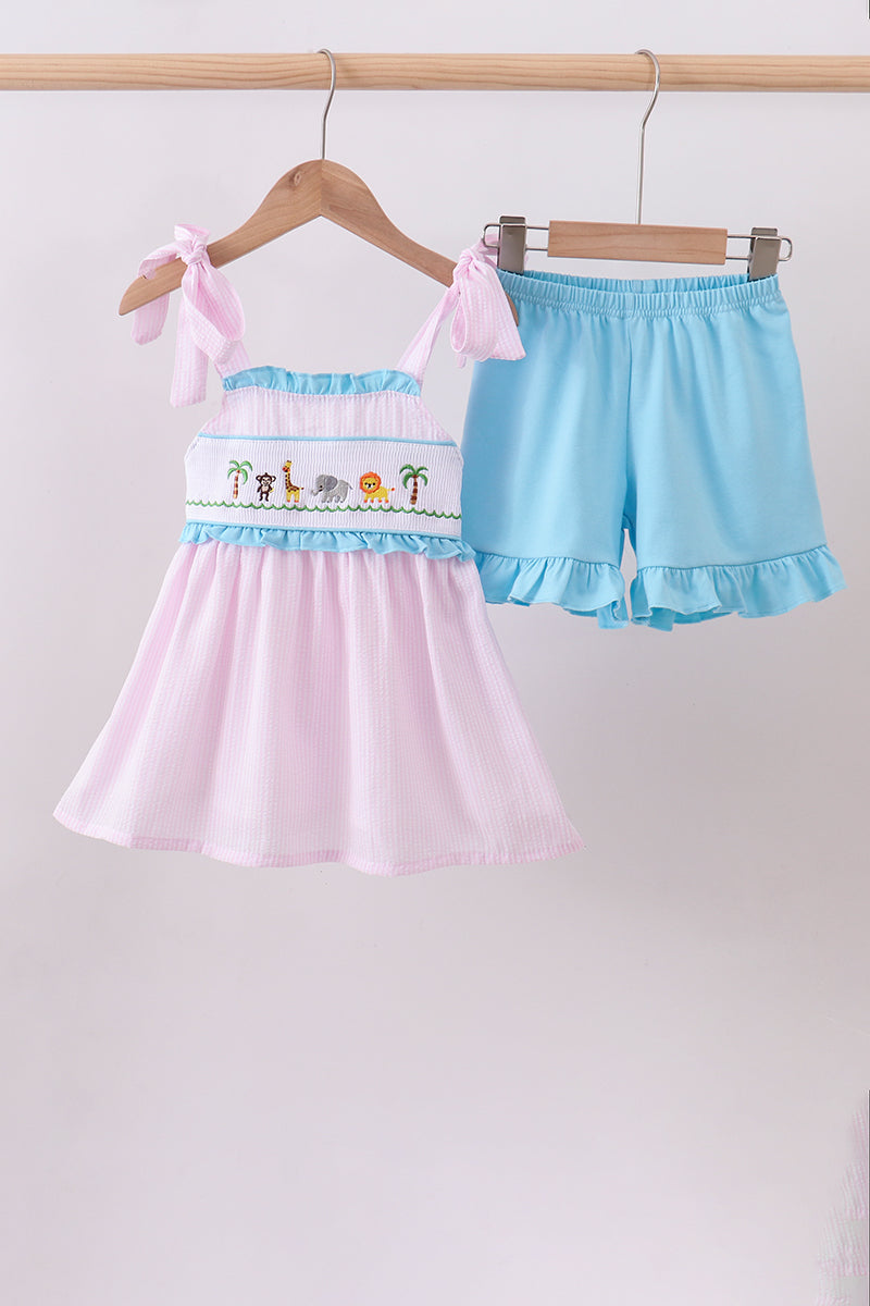 Pink stripe seersucker animal smocked ruffle shorts set
