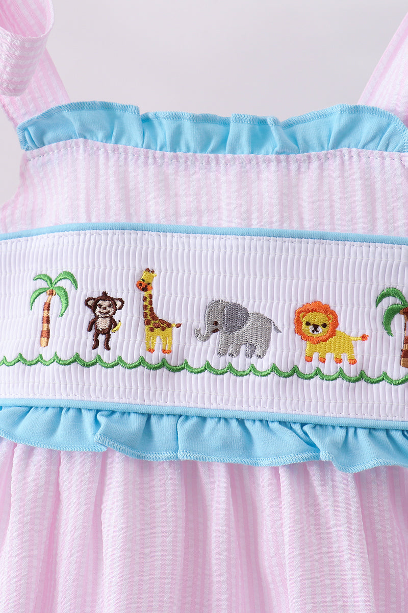 Pink stripe seersucker animal smocked ruffle shorts set