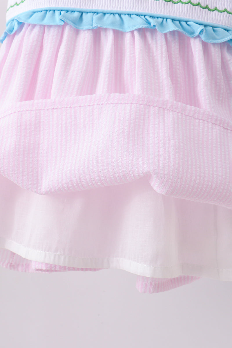 Pink stripe seersucker animal smocked ruffle shorts set