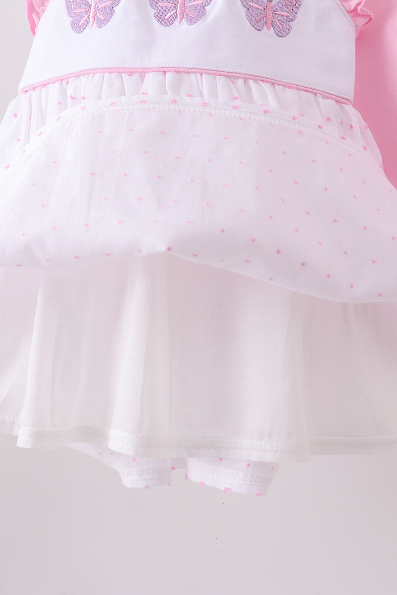 Purple butterfly embroidery swiss dot ruffle shorts set
