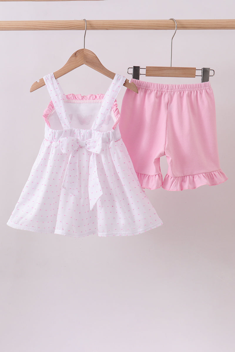 Purple butterfly embroidery swiss dot ruffle shorts set