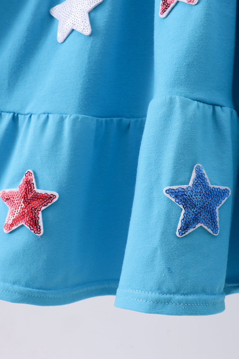 Blue star sequin tiered ruffle dress