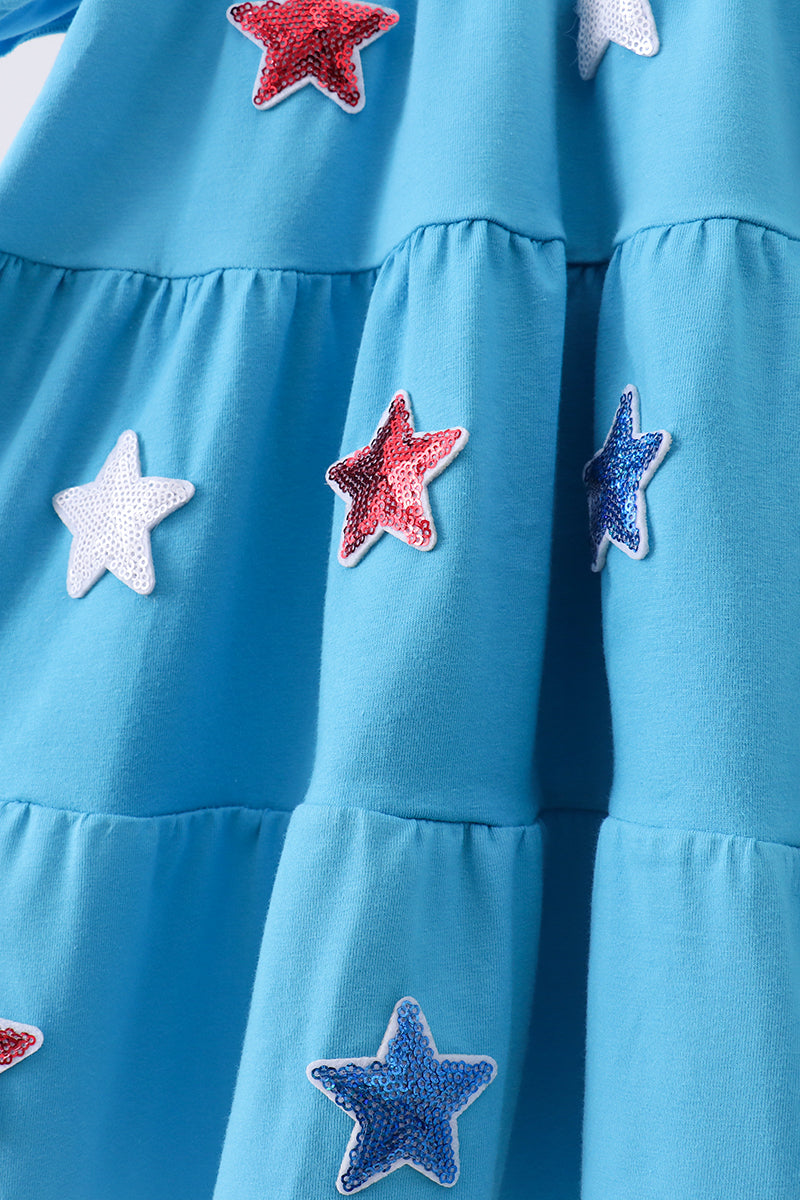 Blue star sequin tiered ruffle dress