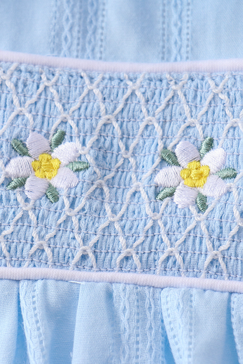 Blue floral smocked jacquard ruffle dress