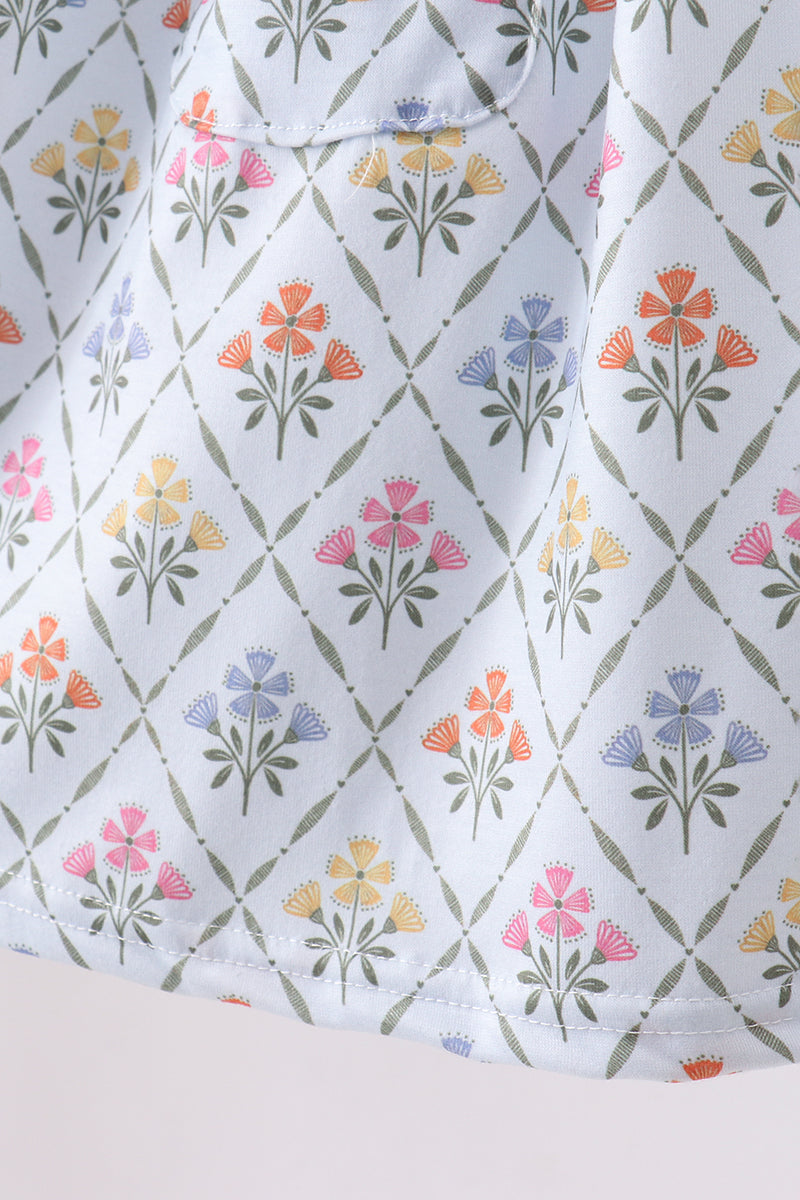 Blue floral print ruffle dress