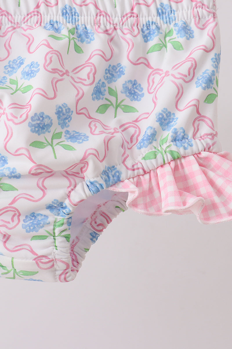 Pink hydrangea bow print 2pc swimsuit