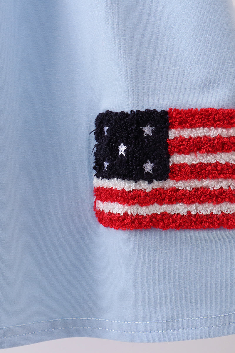 Blue god bless America flag french knot ruffle dress