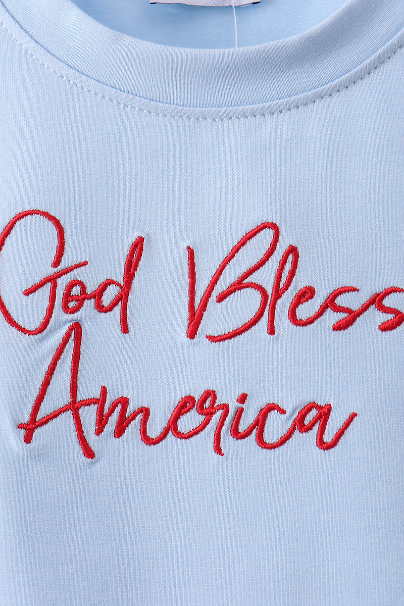 Blue god bless America flag french knot shorts set