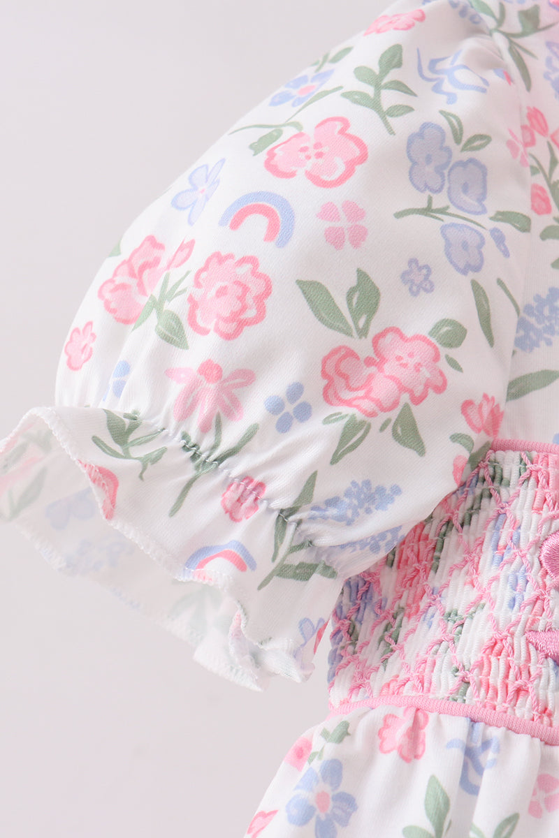 Pink floral bow smocked ruffle bloomer set