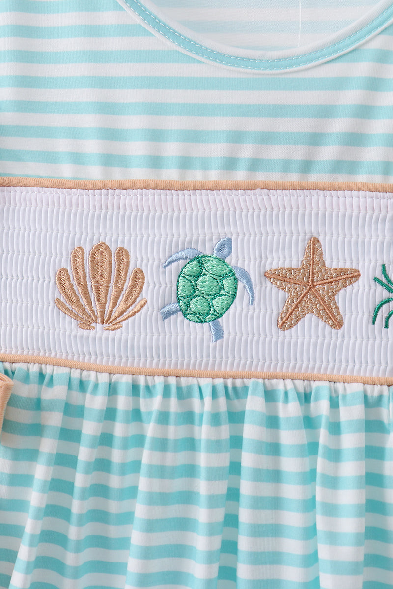 Mint marine creature smocked stripe ruffle dress