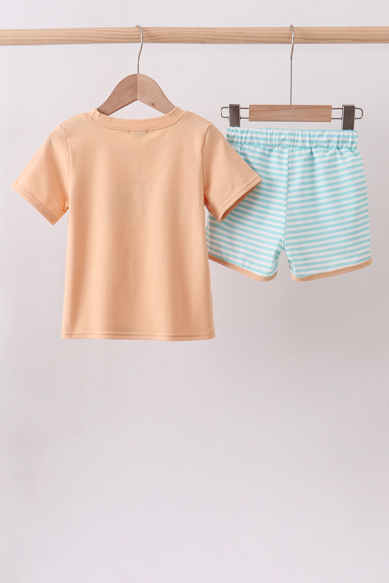 Mint marine creature embroidery stripe shorts set