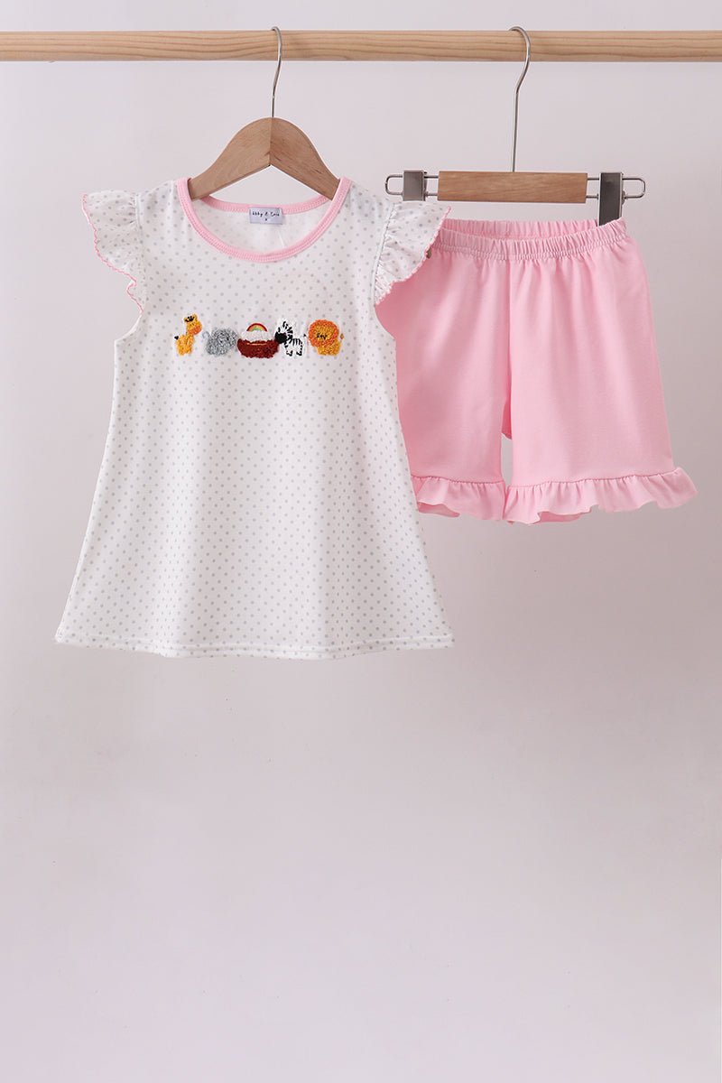 Pink Noah's Ark french knot ruffle shorts set