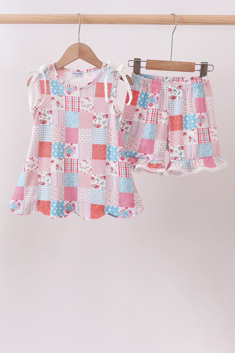 Pink floral patchwork scalloped ruffle shorts set