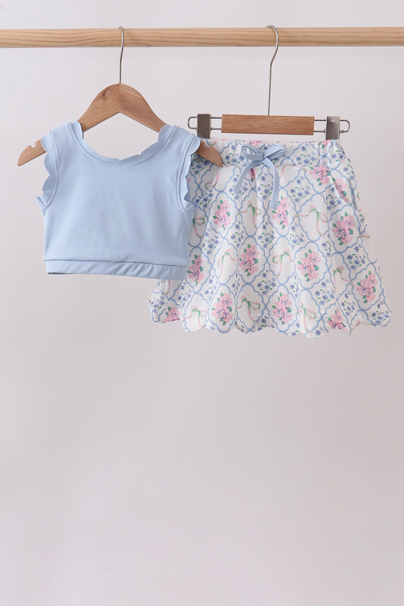 Blue floral bow skorts set