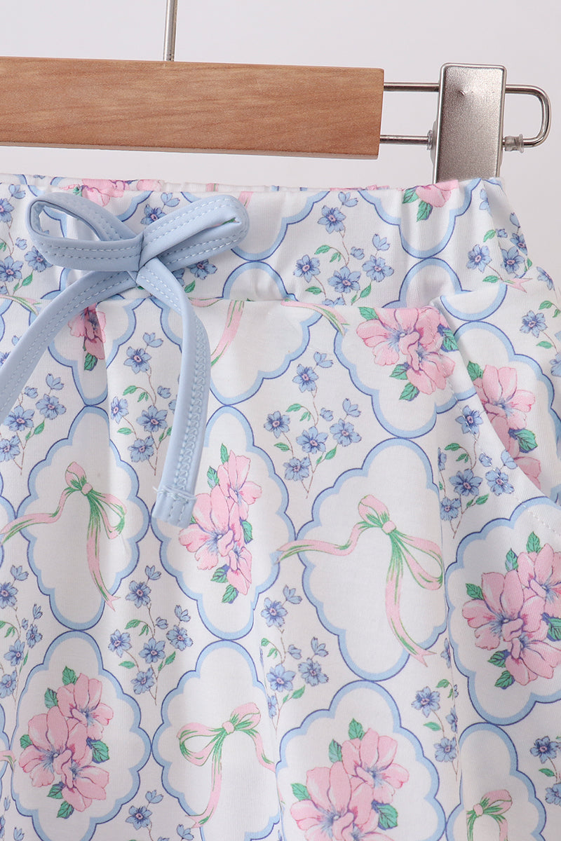 Blue floral bow skorts set