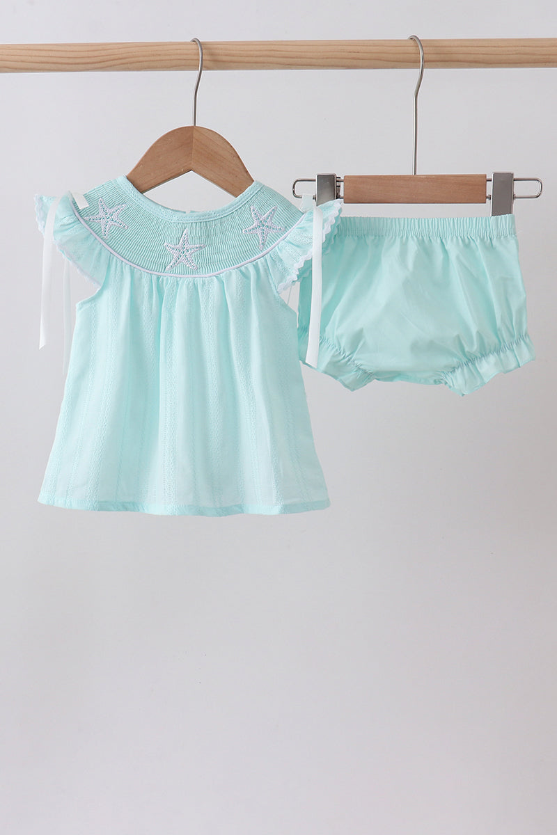 Blue starfish smocked jacquard ruffle bloomer set