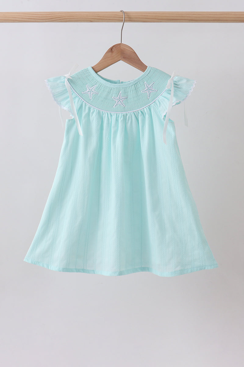Blue starfish smocked jacquard ruffle dress