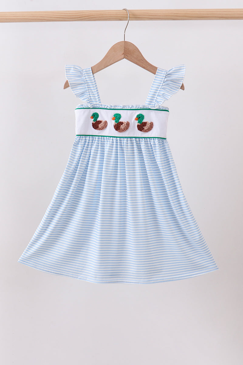 Blue stripe duck french knot ruffle dress
