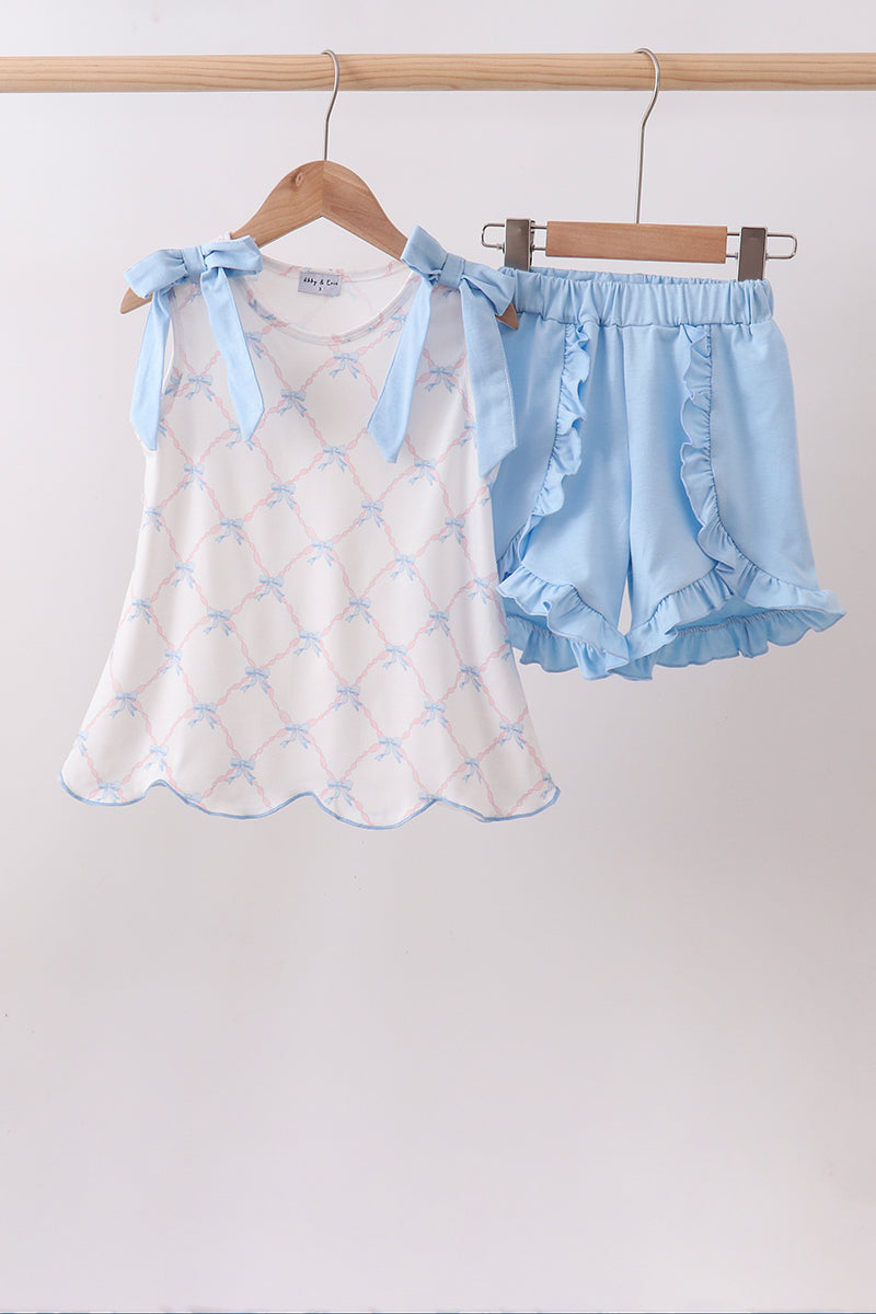 Blue bow ribbon print ruffle shorts set