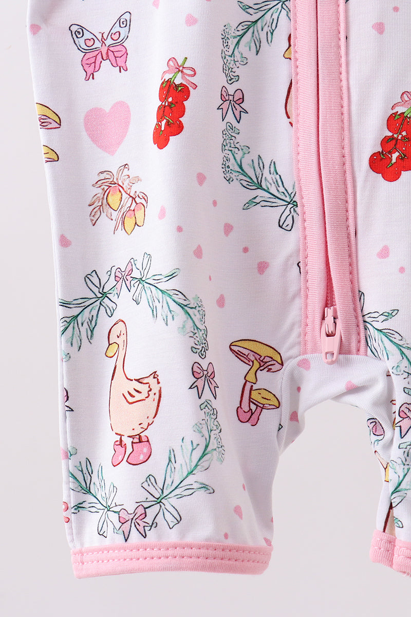 Pink goose strawberry bow bamboo romper