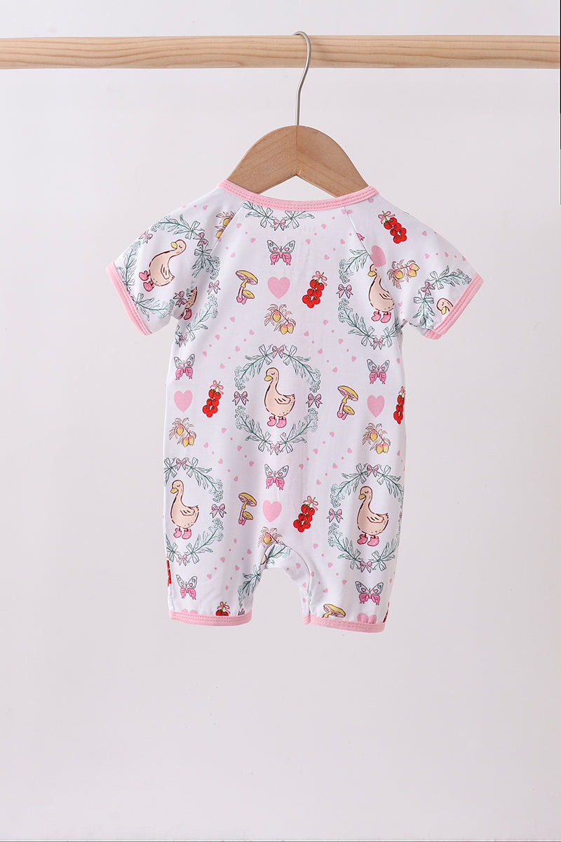 Pink goose strawberry bow bamboo romper