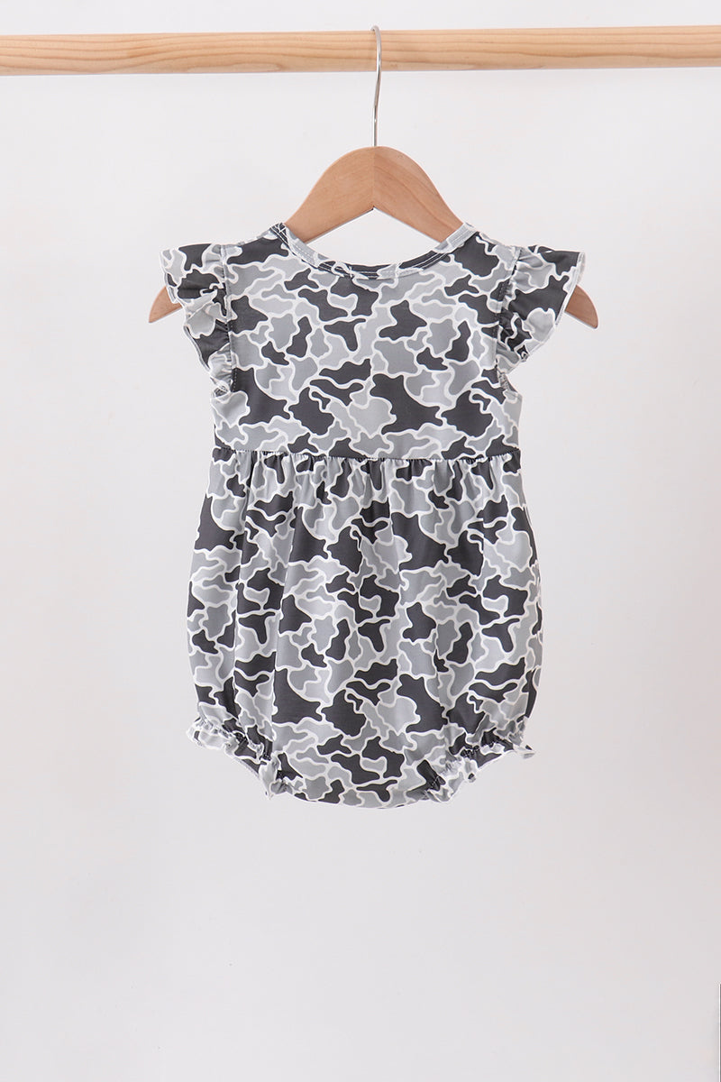 Grey Camouflage Bow Embroidery Ruffle Bubble
