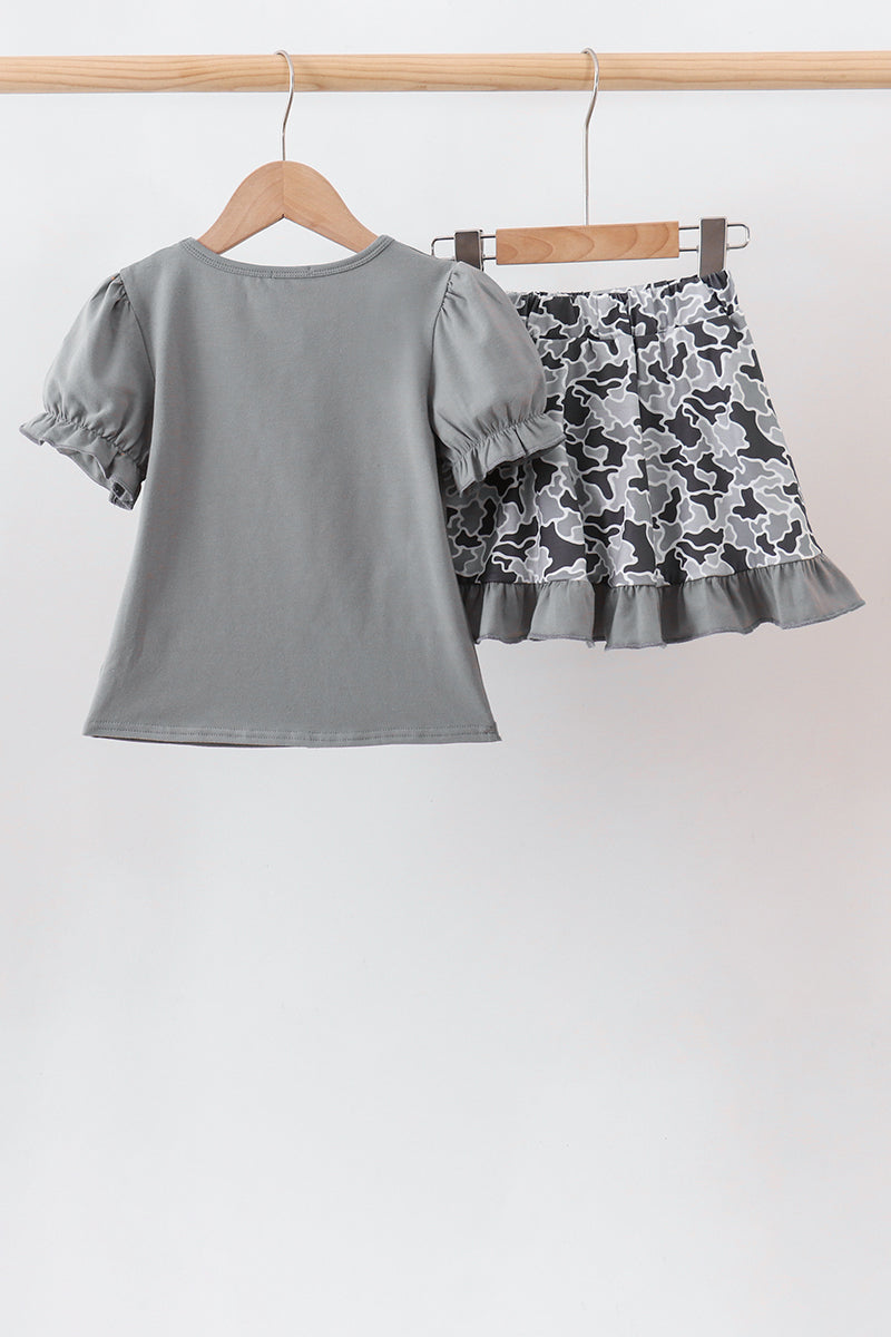 Grey Camouflage Bow Embroidery Ruffle Skorts Set