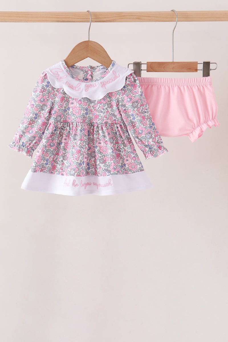 Pink Floral Embroidery Bloomer Set