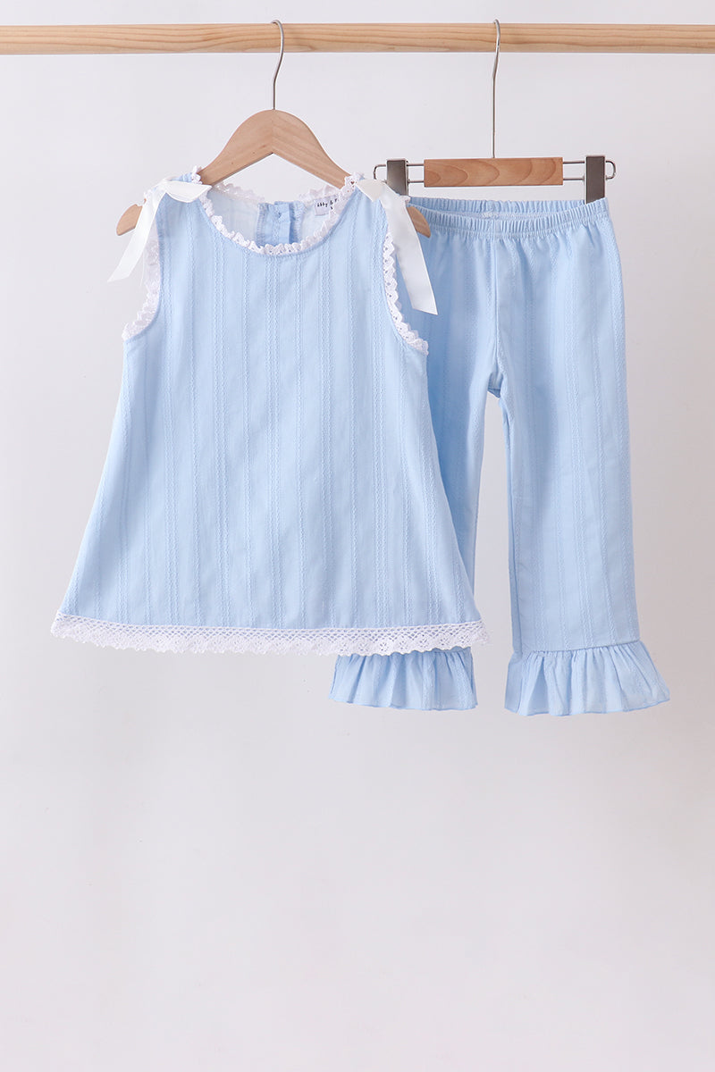 Blue Jacquard Lace Ruffle Pants Set