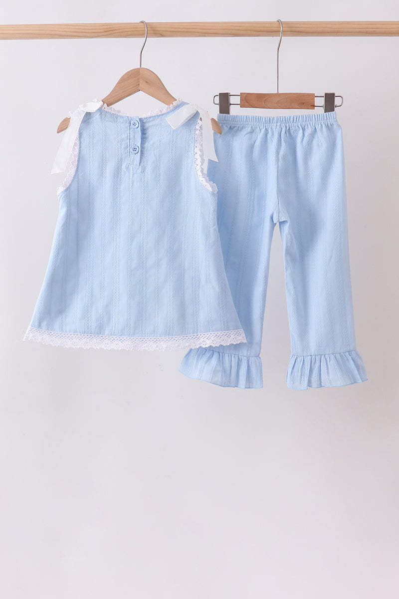 Blue Jacquard Lace Ruffle Pants Set