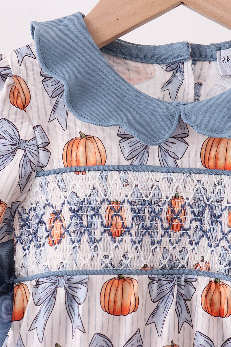 Blue Pumpkin Bow Smocked Ruffle Bubble