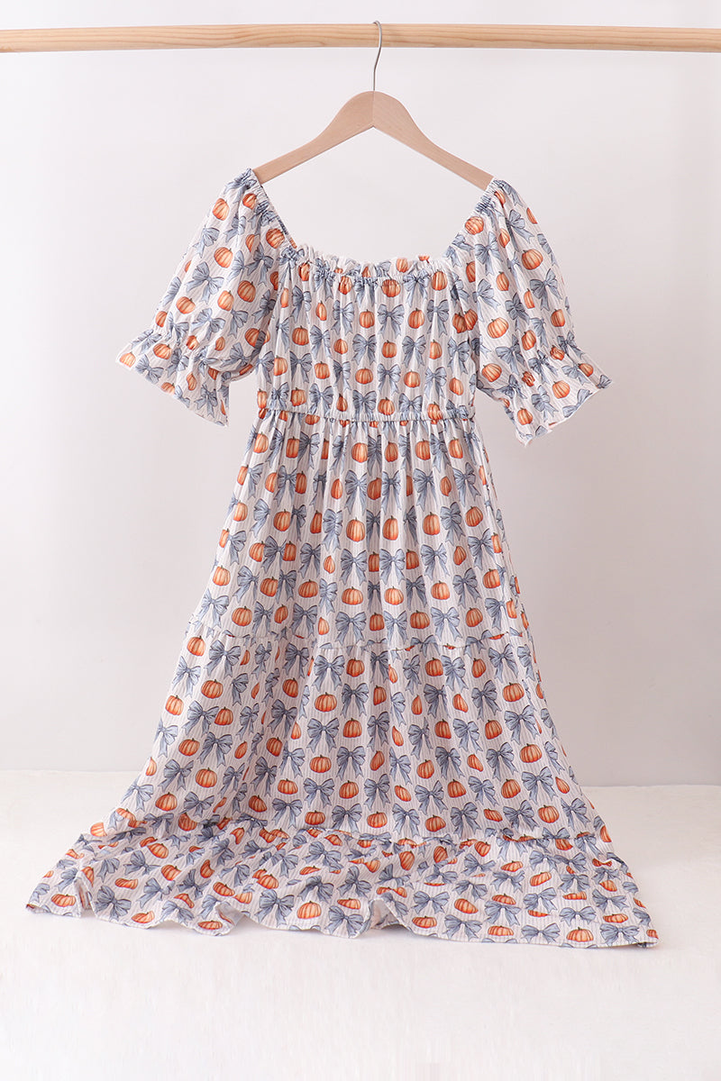 Blue Pumpkin Bow Mom Tiered Dress