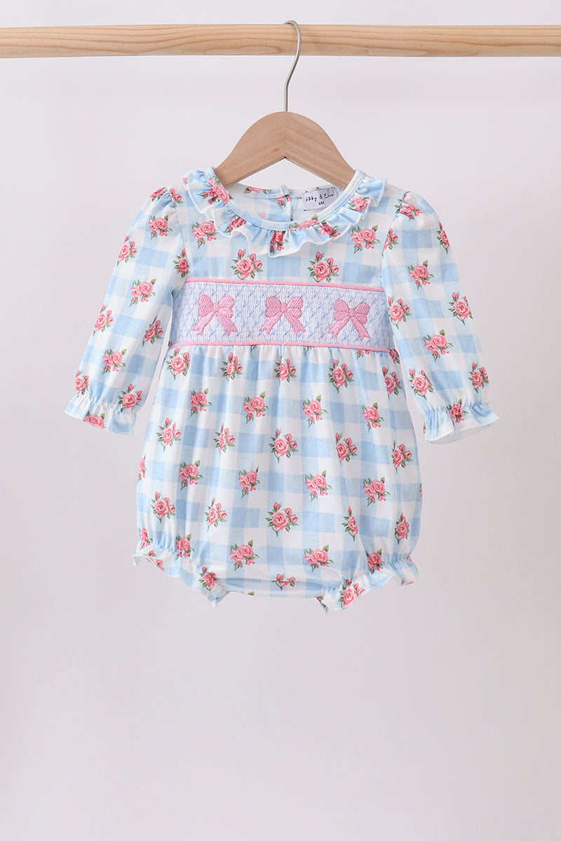 Blue Bow Smocked Floral Gingham Bubble