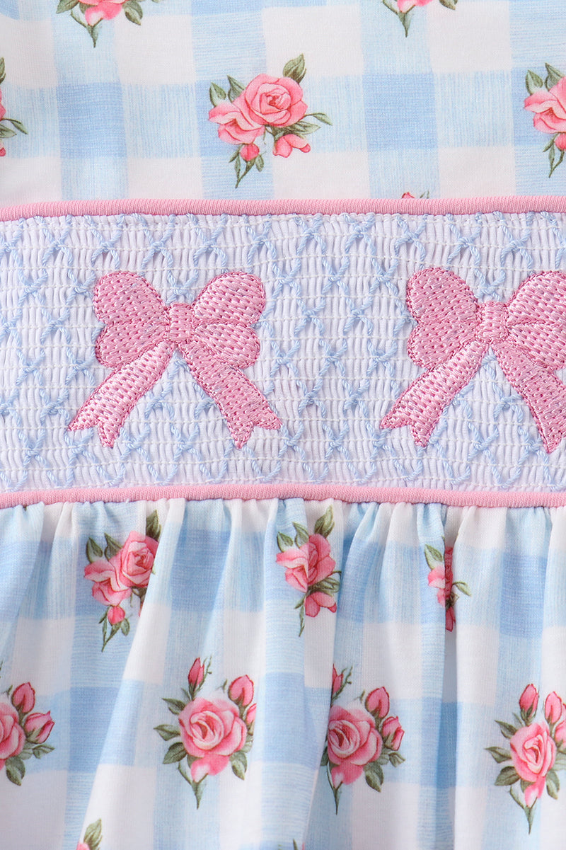 Blue Bow Smocked Gingham Pants Set