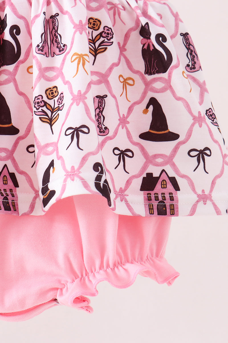 Pink Cat Embroidery Ruffle Bubble