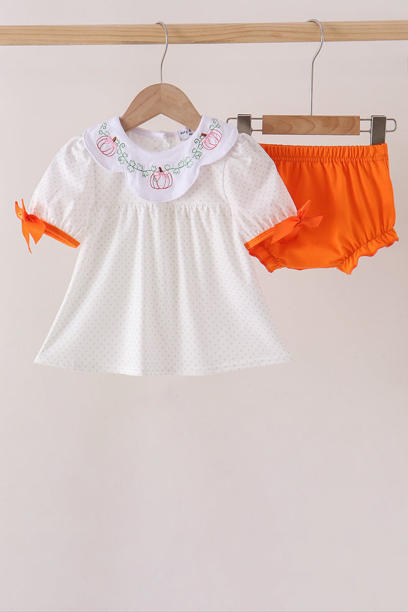 Orange Pumpkin Bow Embroidery Bloomer Set