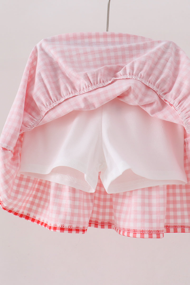 White Cheerleader Embroidery Gingham Skorts Set