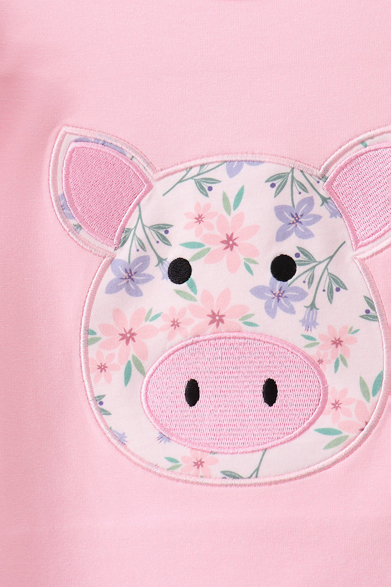 Pink Piggy Applique Ruffle Pants Set